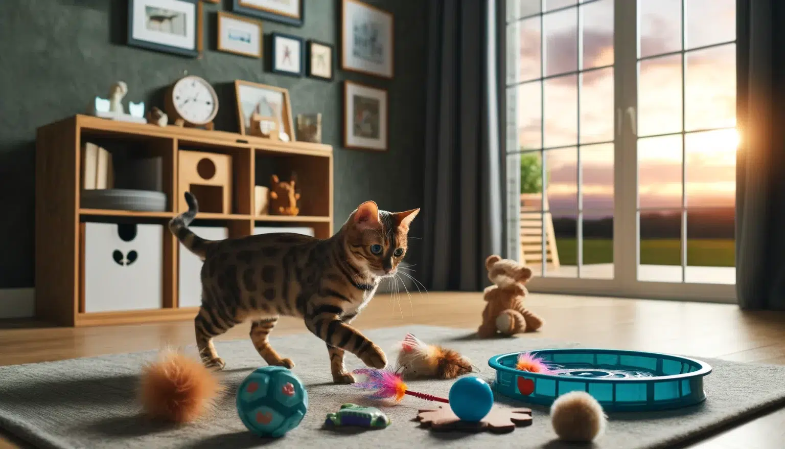 Aunque hace calor, los gatos Bengalíes siguen necesitando ejercicio y estimulación mental para mantenerse saludables y felices. Durante las horas más calurosas del día, opta por actividades más tranquilas en interiores. Juega con tu gato usando juguetes interactivos, como varitas con plumas, ratones mecánicos y juguetes con luces. Dedica tiempo a juegos de inteligencia, como rompecabezas y juguetes que dispensan premios, para mantener su mente activa. Si dispones de un patio seguro, permite que tu gato explore al aire libre en las primeras horas de la mañana o al atardecer, cuando las temperaturas son más frescas. Esto le dará la oportunidad de disfrutar del aire libre sin el riesgo de sobrecalentarse. Además, puedes añadir un túnel para gatos o una piscina pequeña para chapotear, lo cual puede ser una excelente manera de mantener a tu gato entretenido y refrescado. Las sesiones de juego deben ser frecuentes pero cortas para evitar el agotamiento. Asegúrate de ofrecer siempre acceso a agua fresca y zonas de sombra durante estas actividades. También puedes introducir nuevos juguetes periódicamente para mantener el interés de tu gato. En resumen, proporcionar ejercicio y estimulación mental adecuados durante el verano requiere una combinación de juegos en interiores y exploración supervisada al aire libre en los momentos más frescos del día. Estas prácticas ayudarán a mantener a tu gato Bengalí enérgico, feliz y saludable.