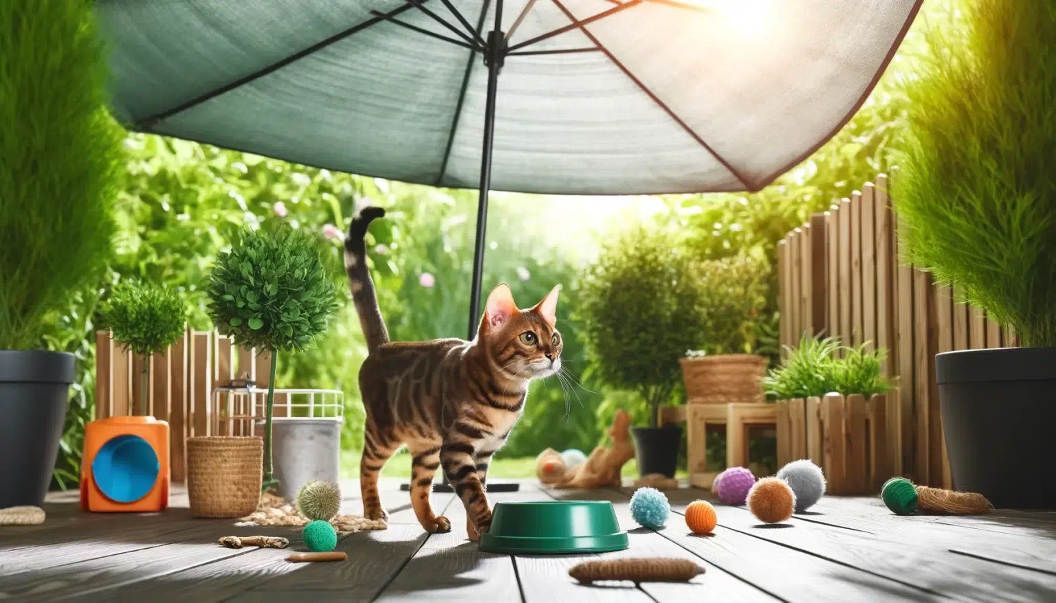 Si tu gato Bengalí pasa tiempo al aire libre, es fundamental asegurarte de que su entorno sea seguro. Supervisa siempre su tiempo fuera y evita las horas de mayor calor para prevenir el riesgo de sobrecalentamiento. Las primeras horas de la mañana y el atardecer son momentos más adecuados para permitirle explorar al aire libre. Es crucial verificar que no haya plantas tóxicas o peligros potenciales en el jardín. Muchas plantas comunes pueden ser perjudiciales para los gatos si las ingieren. Consulta una lista de plantas tóxicas para gatos y elimina cualquier peligro potencial del área donde tu Bengalí pase tiempo. Para mejorar su experiencia al aire libre, considera la creación de un área sombreada específica para tu gato. Esta área debe tener acceso a agua fresca y juguetes para mantenerlo entretenido. Puedes usar sombrillas, toldos o incluso construir una estructura sencilla que proporcione sombra y protección contra el sol. En resumen, garantizar la seguridad y comodidad de tu gato Bengalí al aire libre implica supervisión, eliminación de peligros y la creación de un entorno adecuado y enriquecedor. Estas medidas ayudarán a que tu gato disfrute del aire libre de manera segura y placentera.