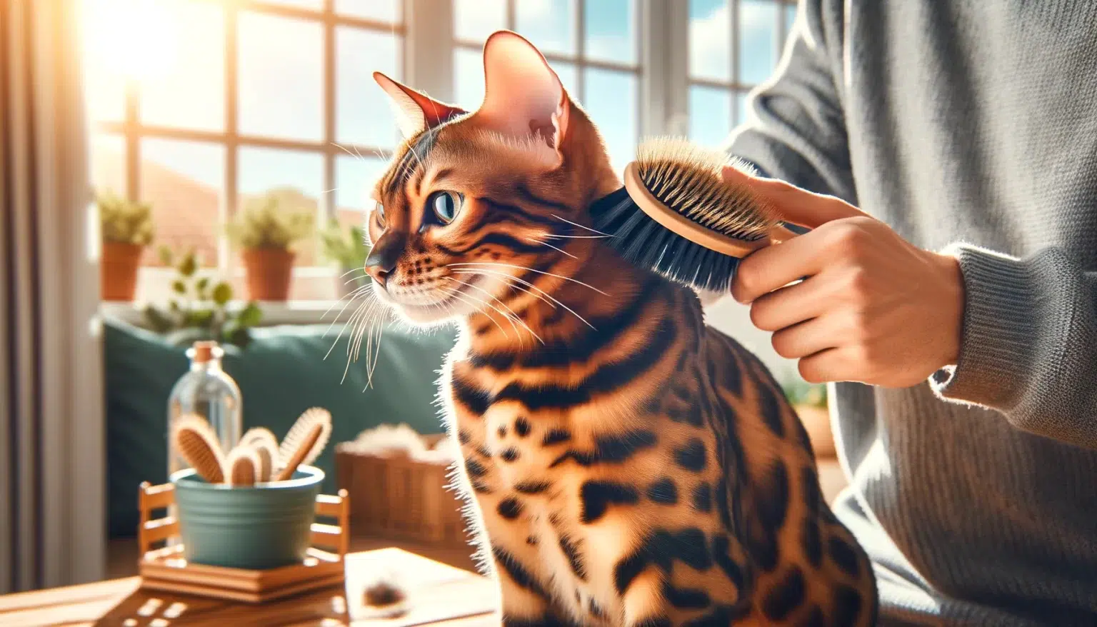 Aunque los Bengalíes tienen un pelaje corto, cepillarlos regularmente es crucial por varias razones. El cepillado frecuente ayuda a eliminar el pelo muerto, lo que a su vez mejora la circulación de aire cerca de su piel. Esto es especialmente importante durante el verano, cuando las altas temperaturas pueden hacer que tu gato se sobrecaliente con mayor facilidad. Además, un pelaje bien cuidado no solo contribuye a regular la temperatura corporal de tu gato, sino que también reduce significativamente la cantidad de bolas de pelo que pueden formarse en su tracto digestivo. Las bolas de pelo son una preocupación común en los gatos, y pueden causar molestias y problemas digestivos si no se manejan adecuadamente. Al cepillar a tu gato Bengalí con regularidad, ayudas a minimizar la cantidad de pelo que ingiere durante su rutina de aseo. Esto puede llevar a una mejor salud digestiva y a menos episodios de vómitos relacionados con las bolas de pelo. El cepillado también ofrece una excelente oportunidad para fortalecer el vínculo con tu gato. Muchos gatos disfrutan del cepillado como una forma de interacción y cuidado personal. Utiliza un cepillo adecuado para su tipo de pelaje y realiza el cepillado de manera suave y consistente. Esto no solo mantiene su pelaje en óptimas condiciones, sino que también promueve un momento de tranquilidad y conexión entre tú y tu mascota. En resumen, el cepillado regular de tu gato Bengalí es una práctica esencial para su bienestar general, especialmente durante los meses más cálidos. Ayuda a prevenir el sobrecalentamiento, reduce las bolas de pelo y fortalece el vínculo entre tú y tu felino.